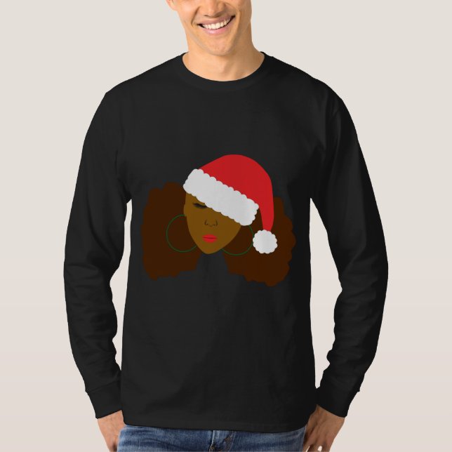 Afro Puff Girl Santa Hat Christmas T-Shirt (Front)