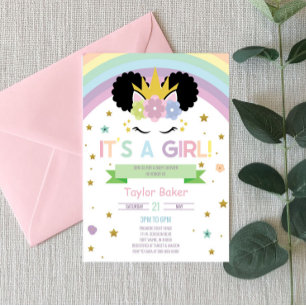 Afro Puff Unicorn and Rainbows Baby Shower Invitation