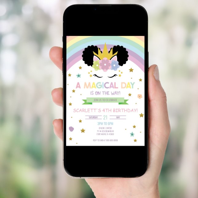 Afro Puff Unicorn and Rainbows Birthday Invitation (Front Digital)