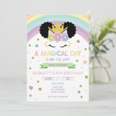 Afro Puff Unicorn and Rainbows Birthday Invitation (Standing Front)