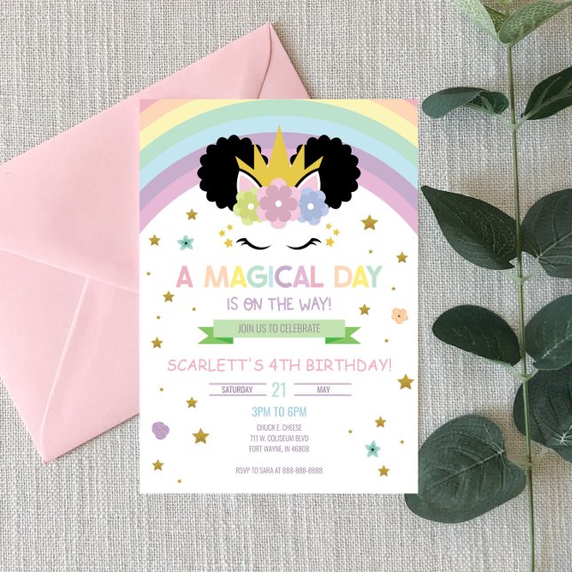 Afro Puff Unicorn and Rainbows Birthday Invitation