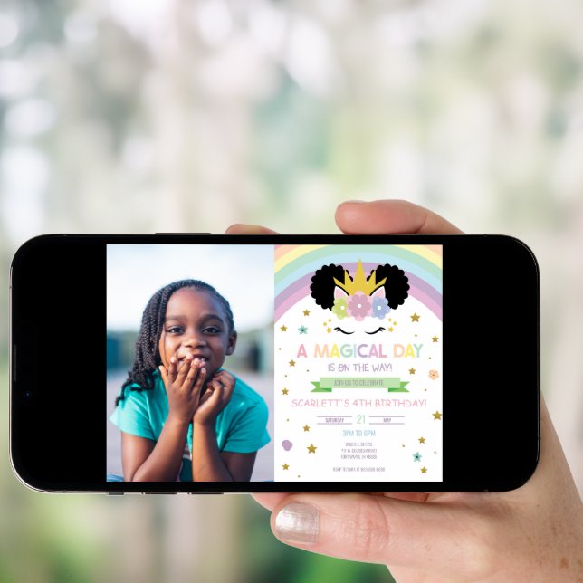 Afro Puff Unicorn and Rainbows Birthday Party Invitation (Front Digital)