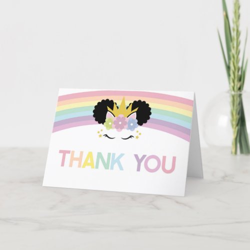 Afro Puff Unicorn and Rainbows Gold Glitter Stars Thank You Card