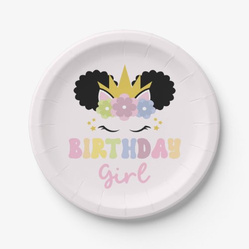 Afro Puff Unicorn Birthday Girl Paper Plates