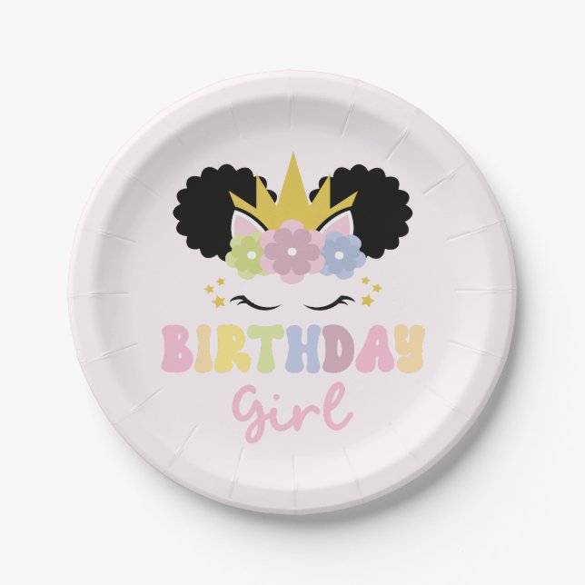 Afro Puff Unicorn Birthday Girl Paper Plates (Front)
