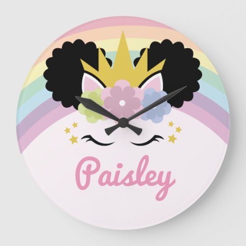 Afro Puff Unicorn Curly Hair Custom Name Large Clock