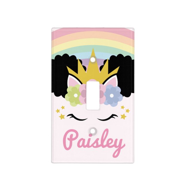 Afro Puff Unicorn Curly Hair Custom Name Light Switch Cover (Front)