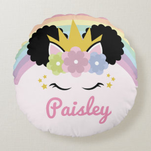 Afro Puff Unicorn Curly Hair Custom Name Round Pillow