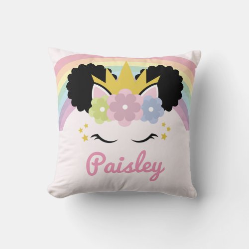 Afro Puff Unicorn Curly Hair Custom Name Throw Pillow