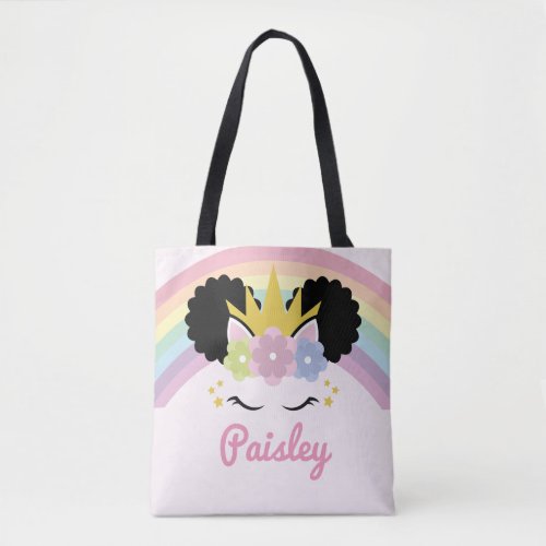 Afro Puff Unicorn Curly Hair Custom Name Tote Bag