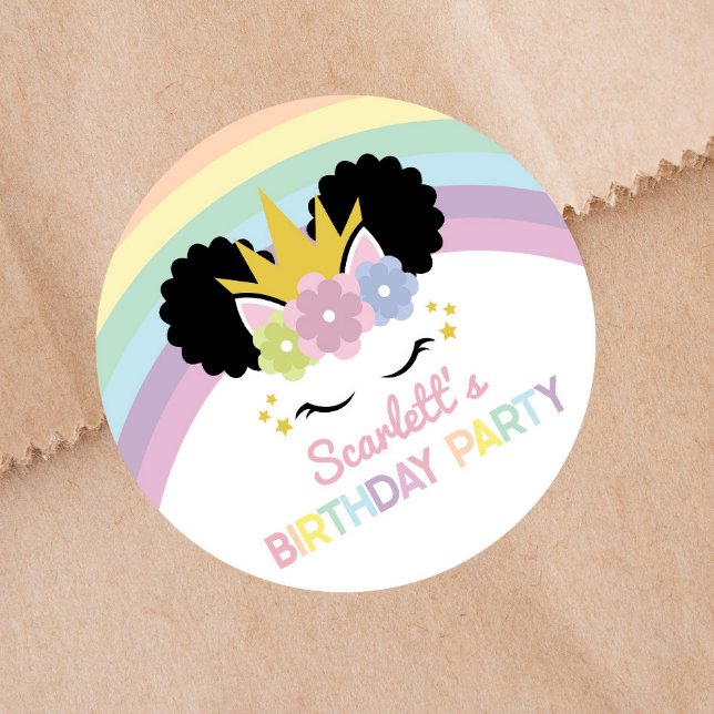 Afro Puff Unicorn Rainbows Birthday Party Favor  Classic Round Sticker (Creator Uploaded)