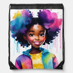 Afro Puffs Black Girl Rainbow Hair Drawstring Bag