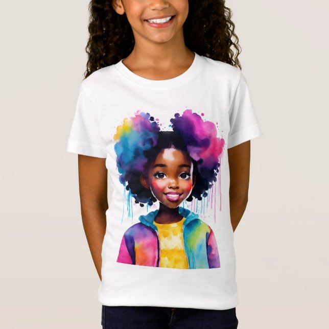 Afro Puffs Black Girl Rainbow Hair T-Shirt (Front)