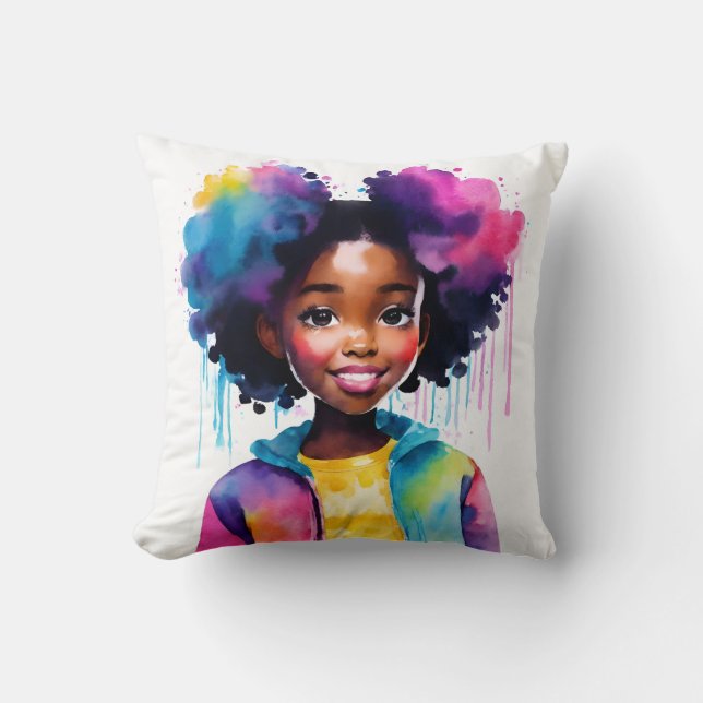 Afro Puffs Black Girl Rainbow Hair Throw Pillow (Front)