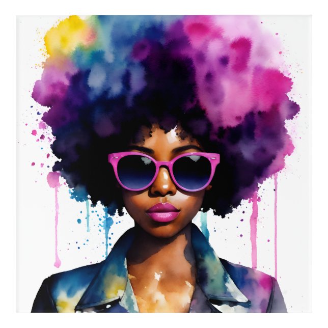 Afro Rainbow Hair Black Woman Sunglasses Art (Front)
