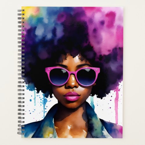 Afro Rainbow Hair Black Woman Sunglasses Art Planner