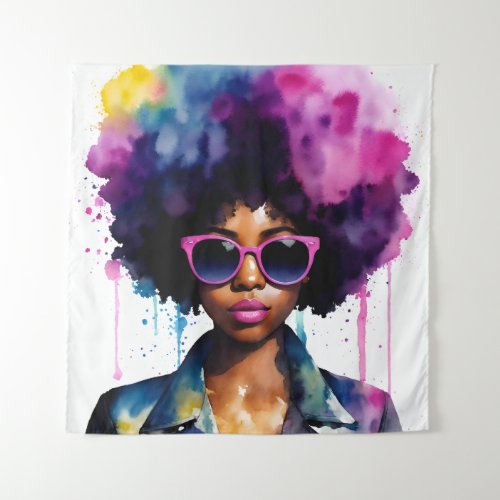 Afro Rainbow Hair Black Woman Sunglasses Art Tapestry