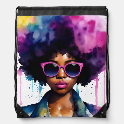 Afro Rainbow Hair Black Woman Sunglasses Drawstring Bag