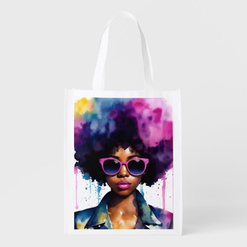 Afro Rainbow Hair Black Woman Sunglasses Grocery Bag