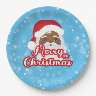 Afro Santa Claus Merry Christmas Paper Plate