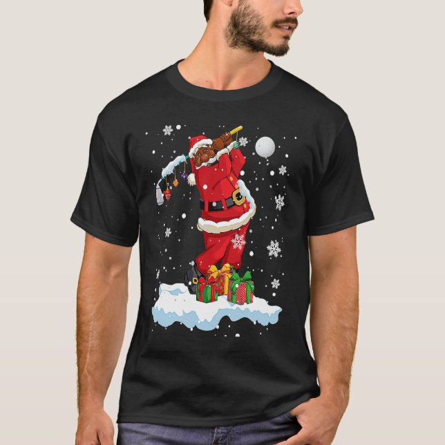 Afro Santa Playing Golf Xmas Black Afro Golf Playe T-Shirt (Front)