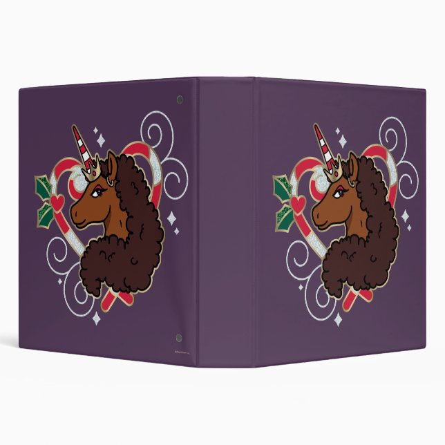 Afro Unicorn Candy Cane Heart Holiday 3 Ring Binder (Background)