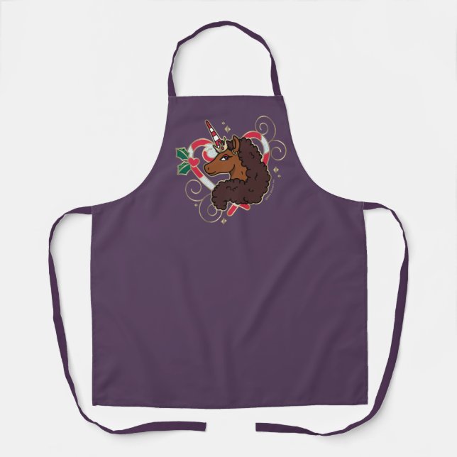 Afro Unicorn Candy Cane Heart Holiday Apron (Front)