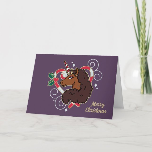 Afro Unicorn Candy Cane Heart Holiday Card (Front)