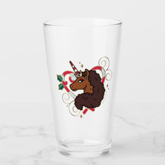 Afro Unicorn Candy Cane Heart Holiday Glass (Front)