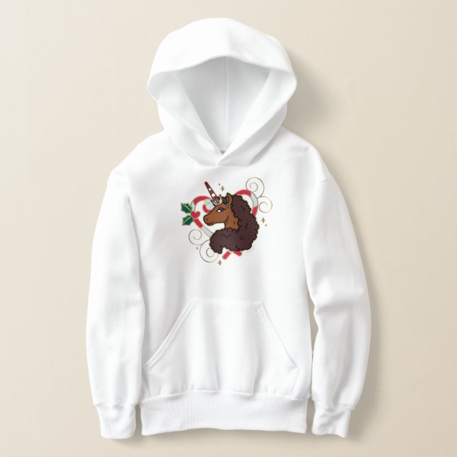 Afro Unicorn Candy Cane Heart Holiday Hoodie (Laydown)