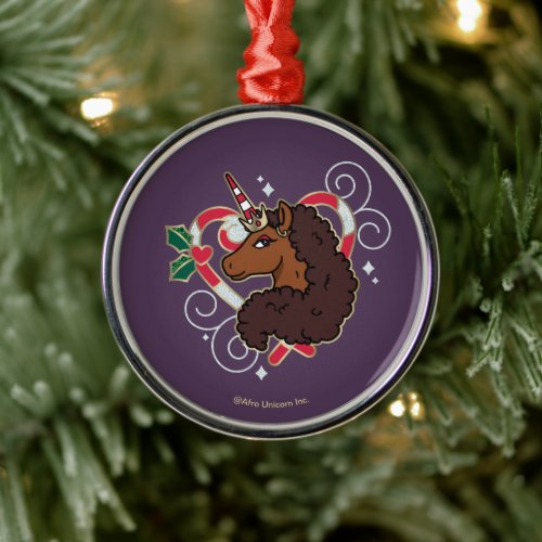 Afro Unicorn Candy Cane Heart Holiday Metal Ornament