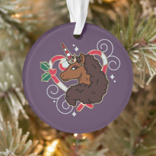 Afro Unicorn Candy Cane Heart Holiday Ornament
