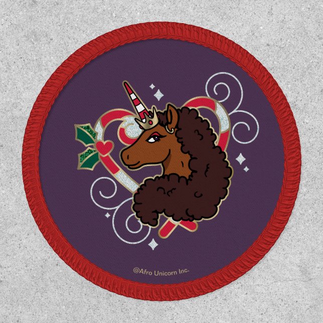 Afro Unicorn Candy Cane Heart Holiday Patch (Front)