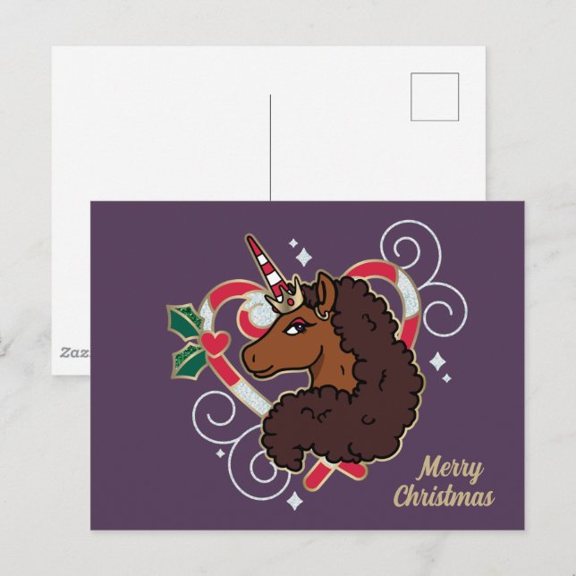 Afro Unicorn Candy Cane Heart Holiday Postcard (Front/Back)