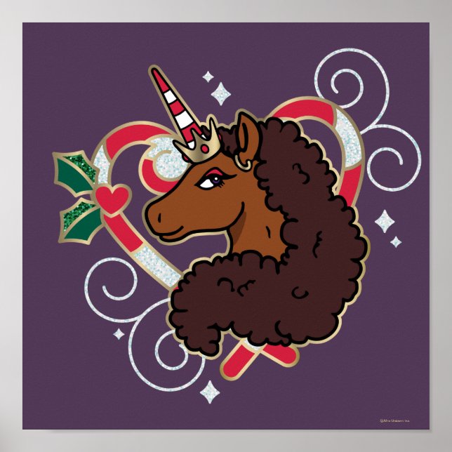 Afro Unicorn Candy Cane Heart Holiday Poster (Front)