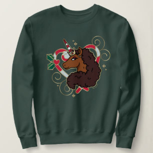 Afro Unicorn Candy Cane Heart Holiday Sweatshirt