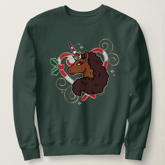 Afro Unicorn Candy Cane Heart Holiday Sweatshirt (Design Front)