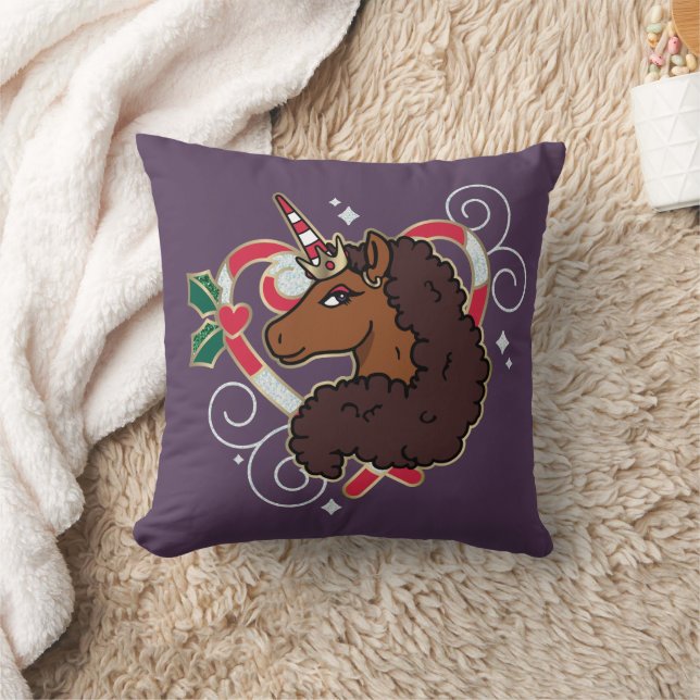 Afro Unicorn Candy Cane Heart Holiday Throw Pillow (Blanket)