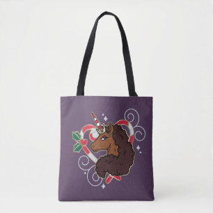 Afro Unicorn Candy Cane Heart Holiday Tote Bag