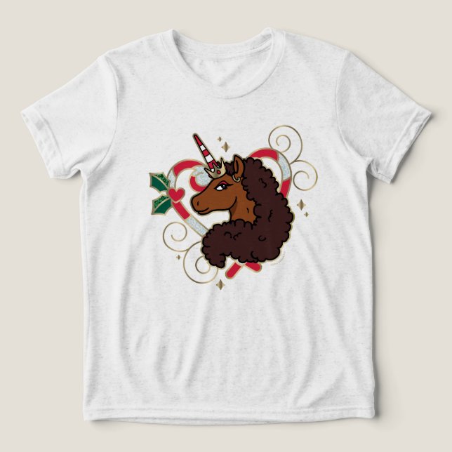 Afro Unicorn Candy Cane Heart Holiday Tri-Blend Shirt (Design Front)