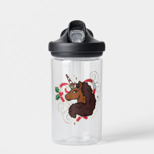 Afro Unicorn Candy Cane Heart Holiday Water Bottle