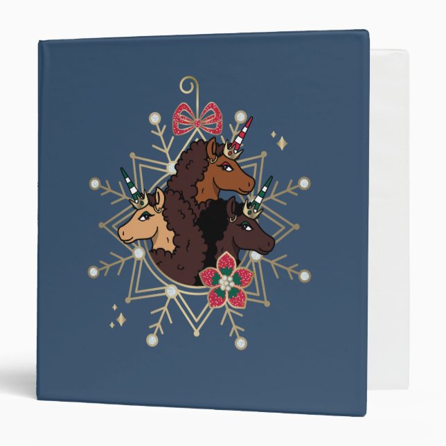 Afro Unicorn Festive Holiday Magical 3 Ring Binder (Front/Inside)