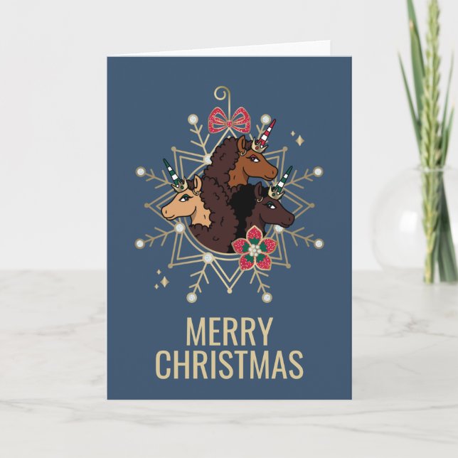 Afro Unicorn Festive Holiday Magical Card (Front)
