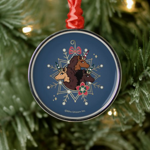 Afro Unicorn Festive Holiday Magical Metal Ornament