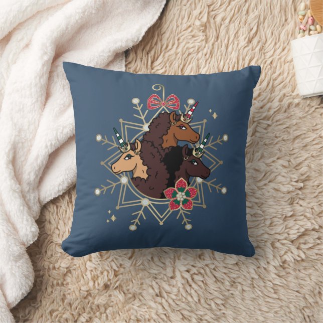 Afro Unicorn Festive Holiday Magical Throw Pillow (Blanket)