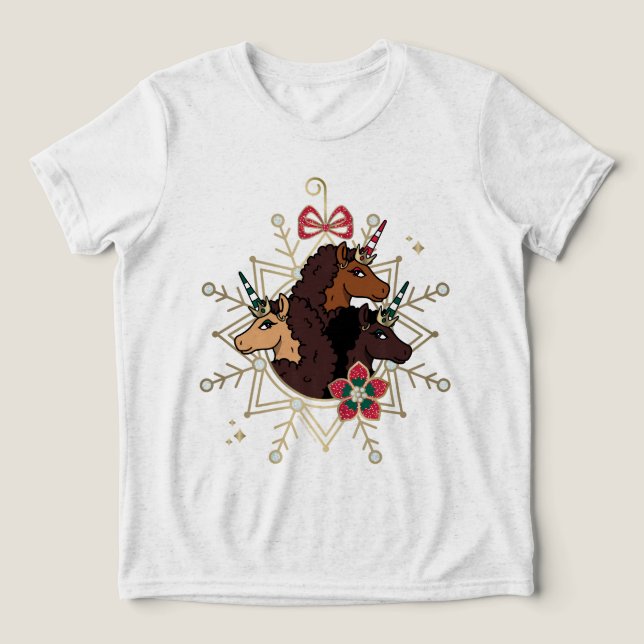 Afro Unicorn Festive Holiday Magical Tri-Blend Shirt (Design Front)