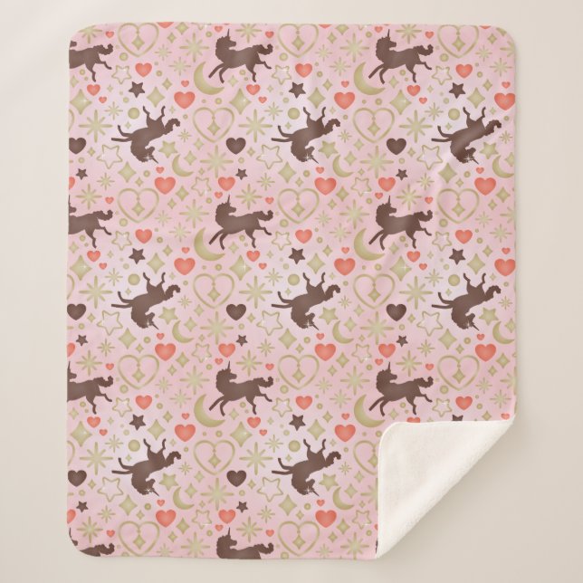 Afro Unicorn Heart & Star Pink  Pattern Sherpa Blanket (Front)
