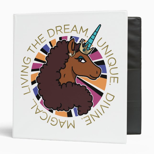 Afro Unicorn Living the Dream Design 3 Ring Binder (Front/Inside)