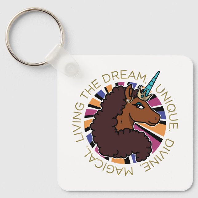 Afro Unicorn Living the Dream Design Keychain (Front)