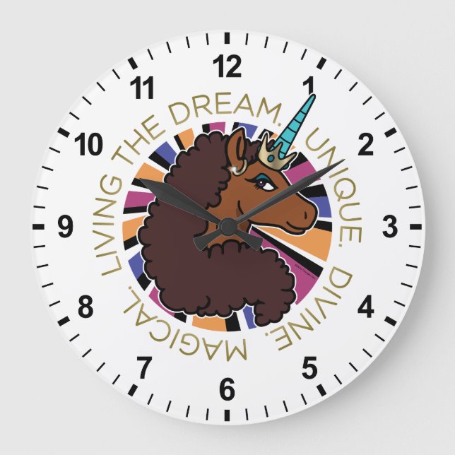 Afro Unicorn Living the Dream Design Large Clock (Front)
